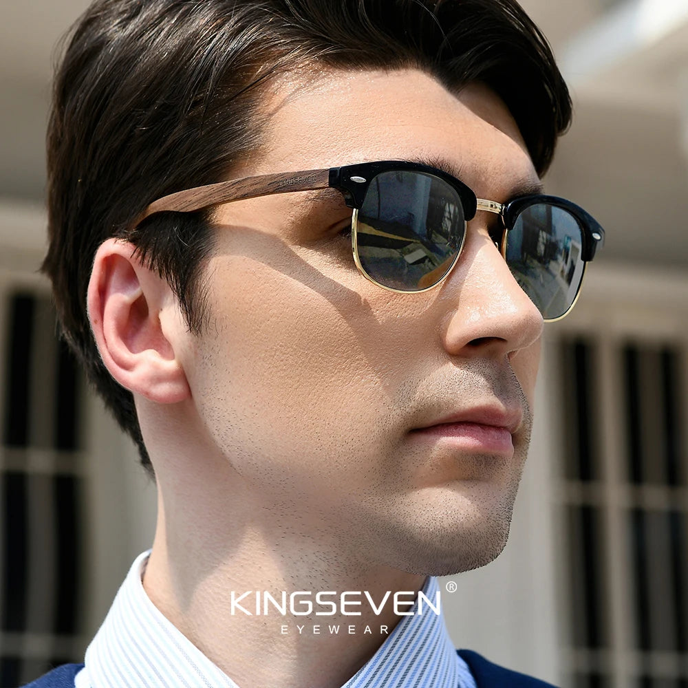 Kingseven handmade 2024 black walnut wooden sunglasses men polarized uv400 protection semi-rimless retro eyewear women