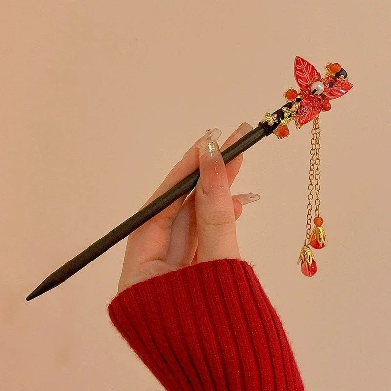 Red flower hairpin new chinese style wooden tassel hair stick ancient cheongsam hanfu women headwear