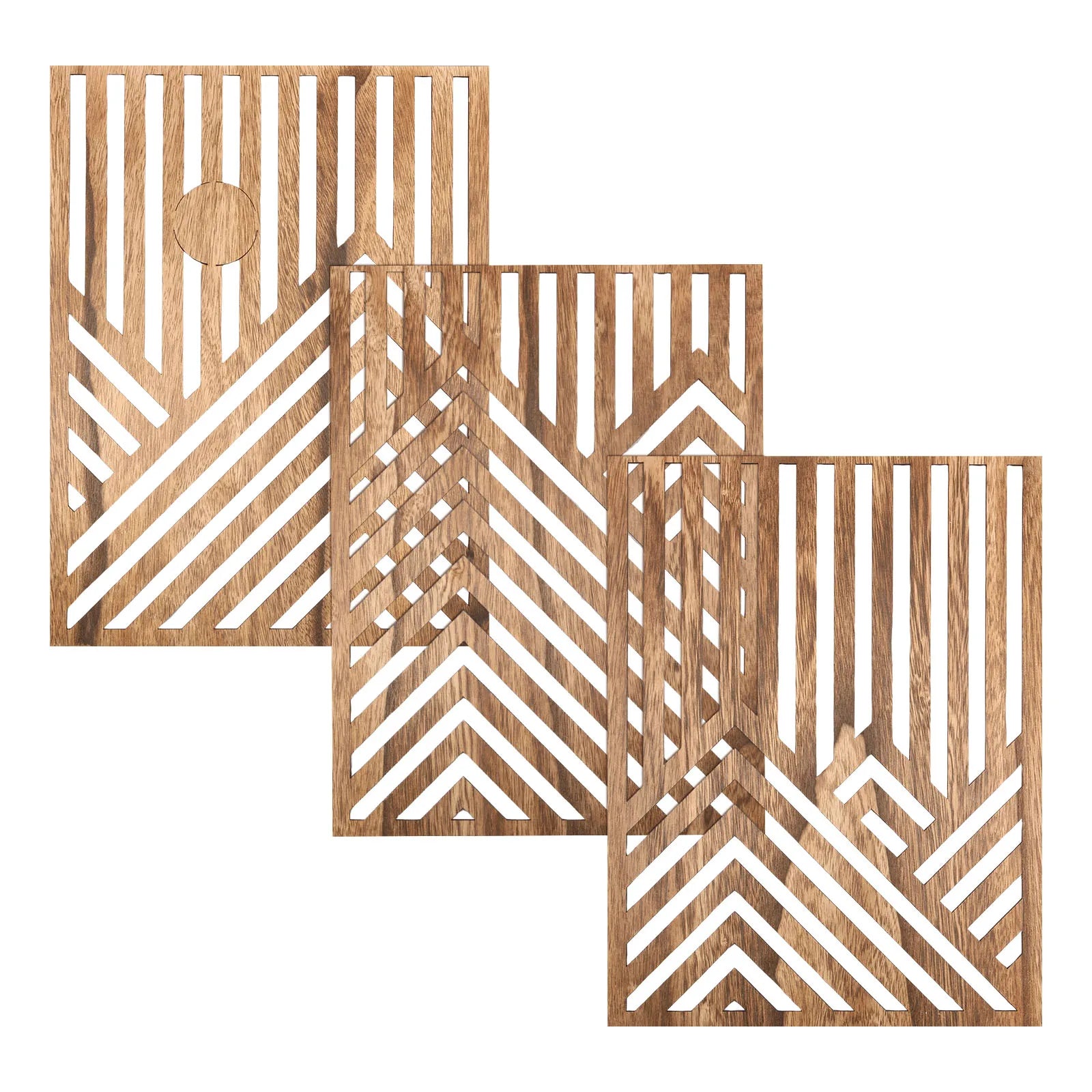 3pcs wood wall art sculpture decor openwork wooden ornament easy to hang timber artwork for home living room - dark