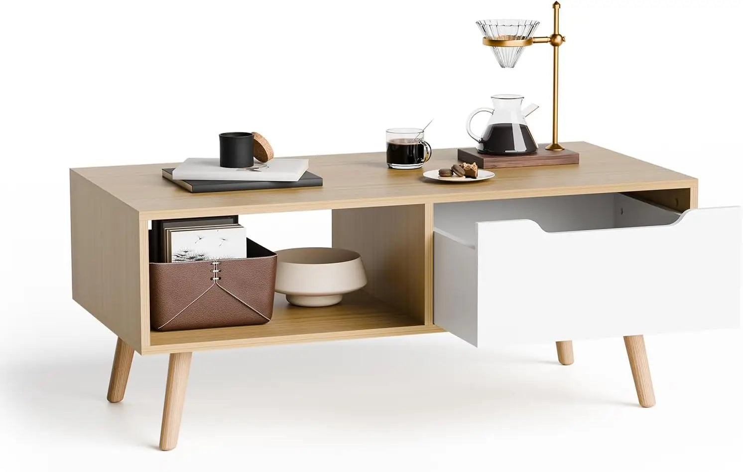 Modern coffee table wooden cocktail with storage minimalist hallway mid century - oak / united states