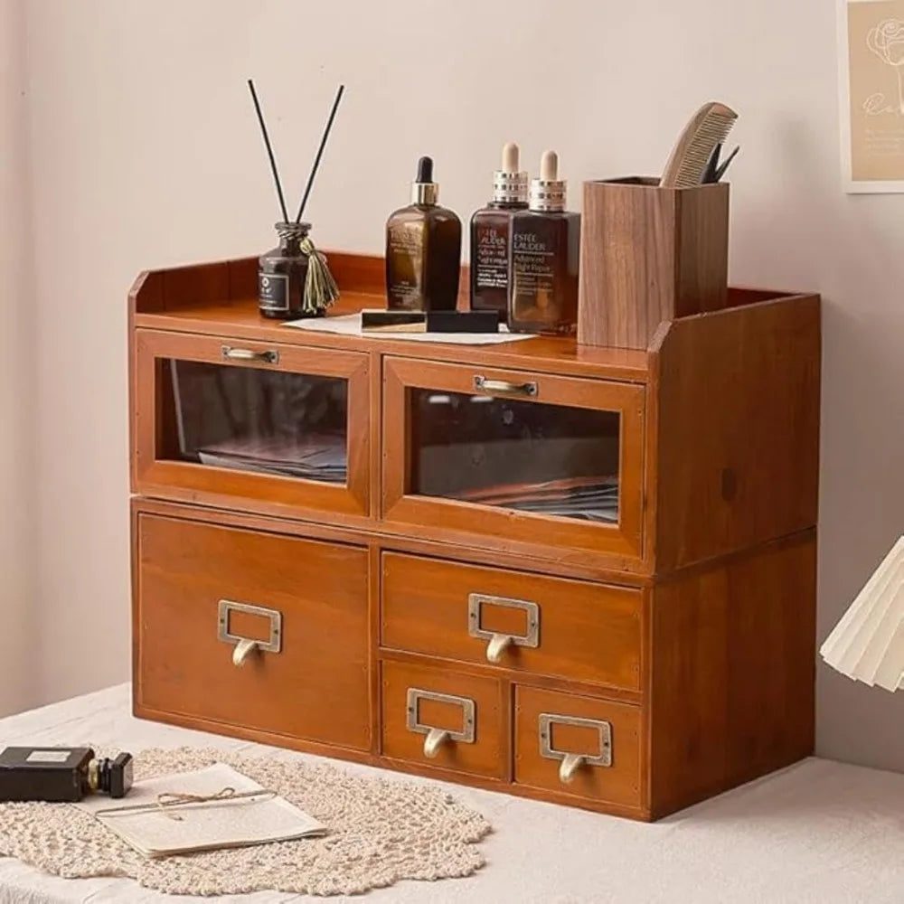 Desktop organizer with 6 drawers vintage desk storage acrylic door wood supplies for living room office - united states