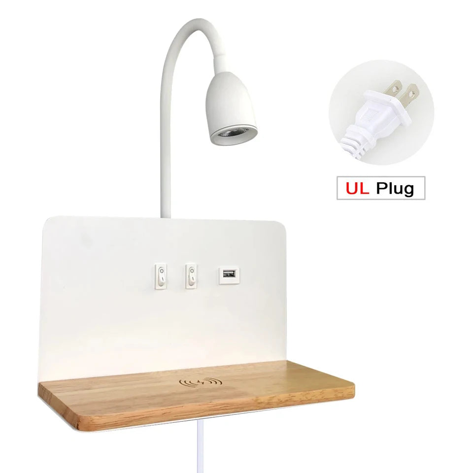 Minimalist wooden wireless charging wall lamp usb dual control switch led indoor bedside study room living light