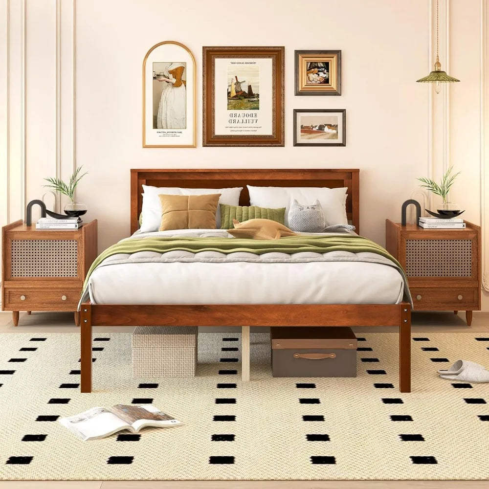 Full size wood platform bed with headboard mid century solid slat support double frame
