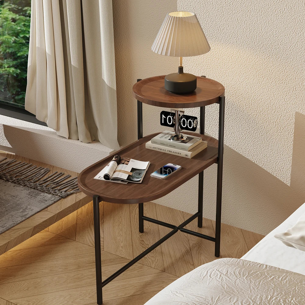 2-tier end table round and oval sofa side medical food tray overbed bedside for living room bedroom patio - brown