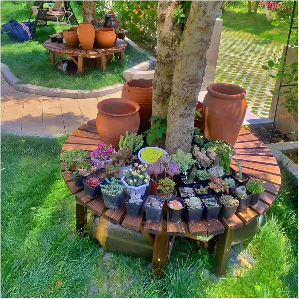 Wrap around tree bench outdoor curved wooden seat semicircular backrest design for gardens patios backyards lawn