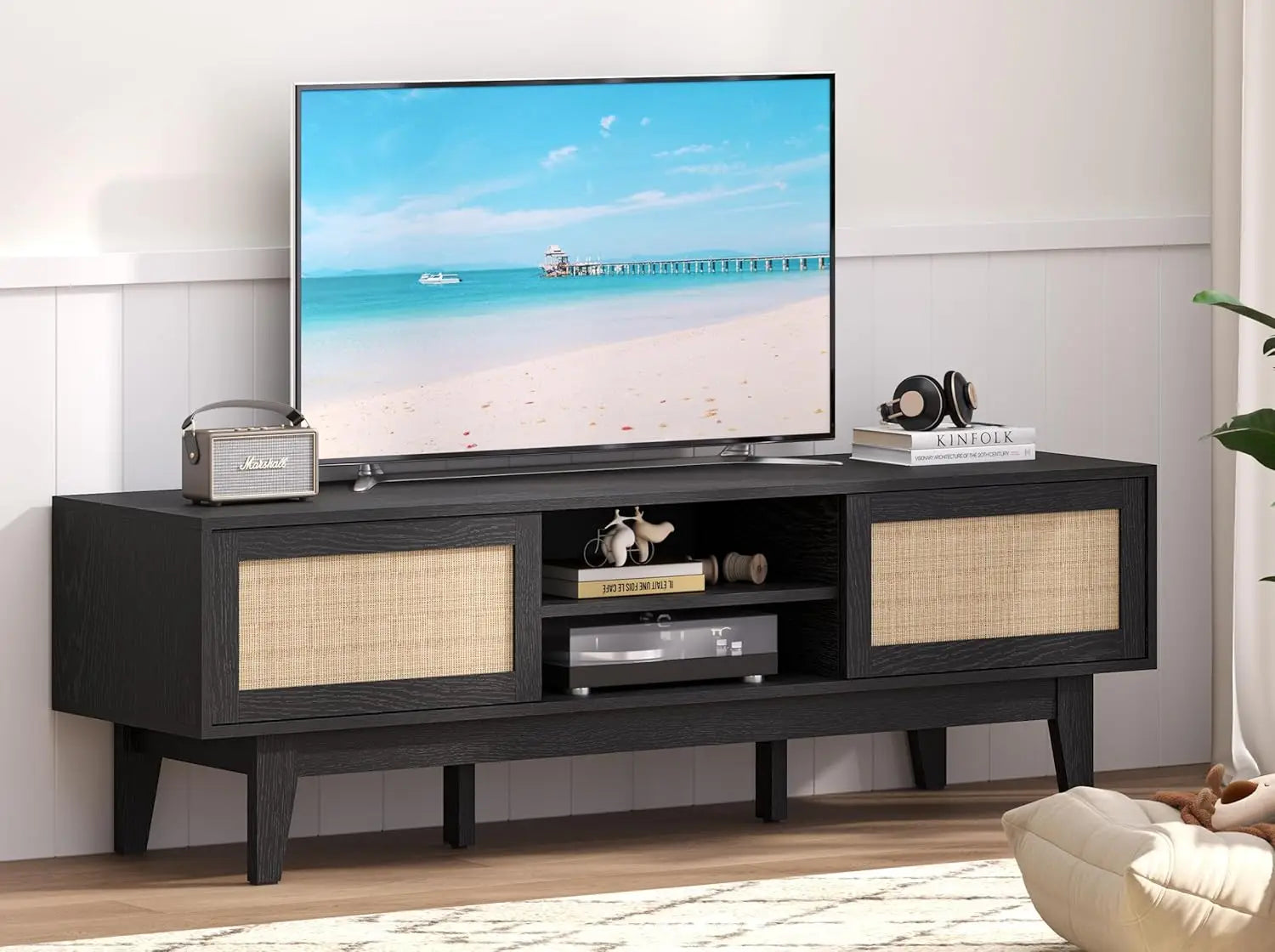 Boho tv stand for 55 65 inch rattan entertainment center with shelves cabinets and sliding doors media console table
