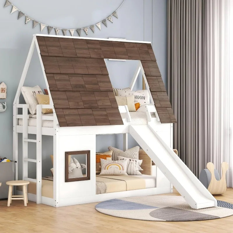 twin-over-twin-house-bunk-bed-frame-with-roof-window-ladder-and-slide-for-boys-girls-white-brown-home-kitchen