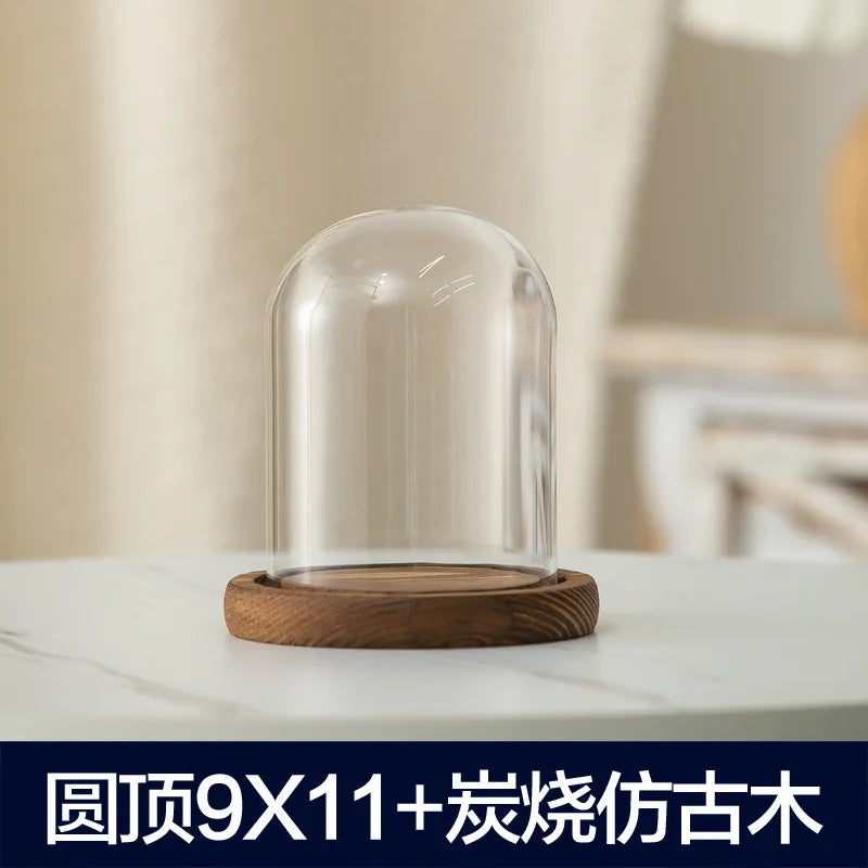 Aromatherapy candle holder ornaments dust-proof glass cover wooden base display box home decoration - dome 11cm