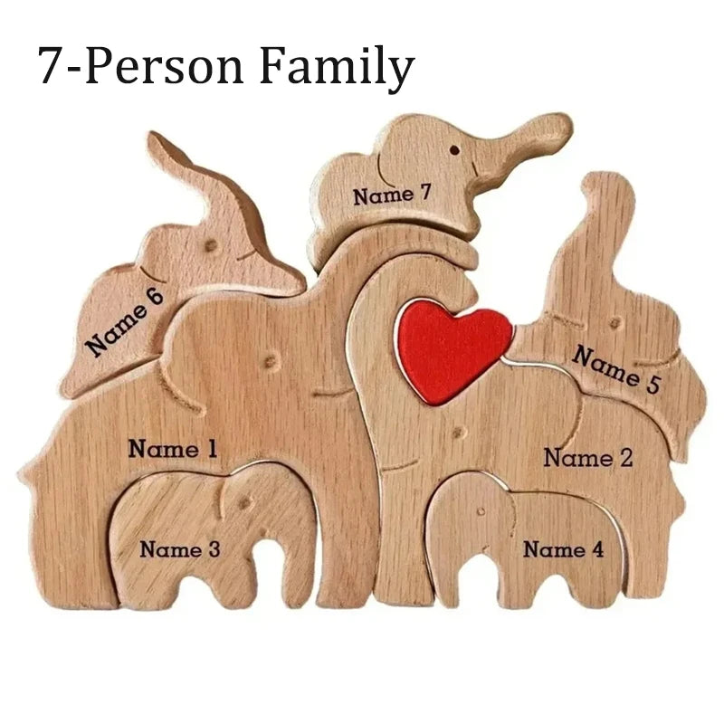 Personalized elephant family wooden puzzle love animal wood custom name sculpture free engraving decor gifts - 7pcs