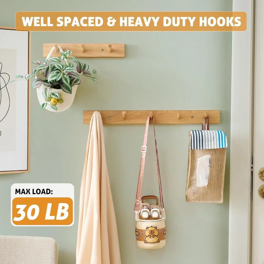 Wall mounted coat rack 12 ihes hickory wood hooks with 3 wooden hanger for hanging clothes robes towels ha - united