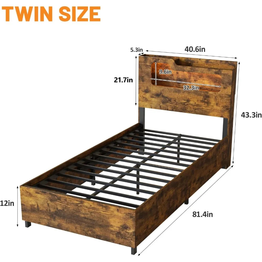 Fameill twin size lift up storage bed frame 2-tier headboard wooden platform with lifting & charging station,
