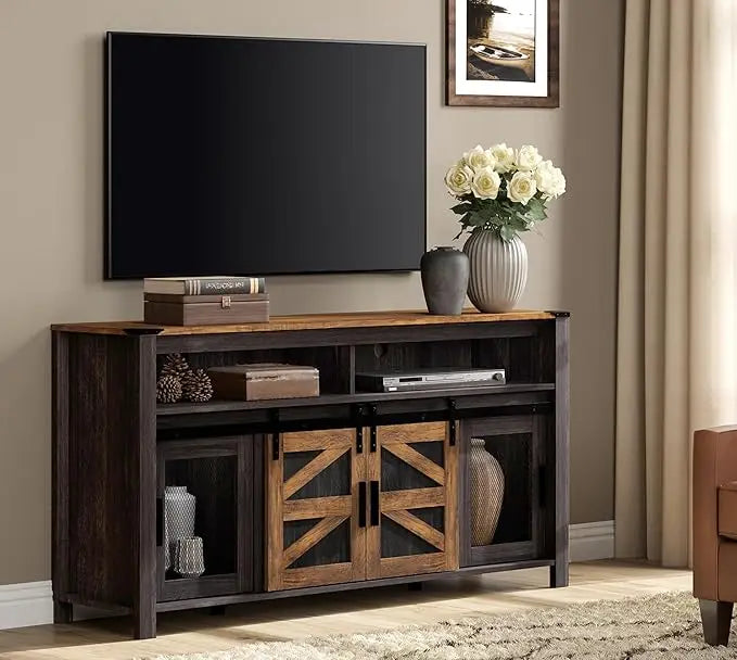 Farmhouse tv stand for 65 inch antique black & brown entertainment center with sliding barn doors and mesh tall medi