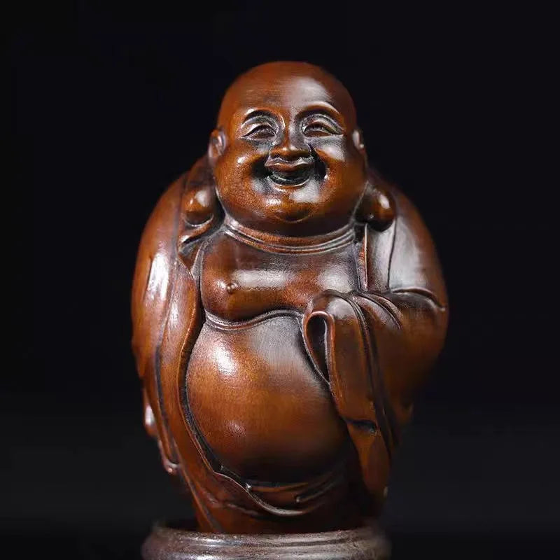 Hand-carved boxwood happy buddha statue - 2.56’’ maitreya figurine with beads wooden sculpture home decor lucky - 6.5cm