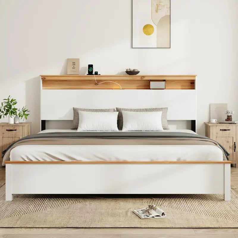 Rustic farmhouse king bed frame with storage headboard & built-in charging station classic white wood design easy
