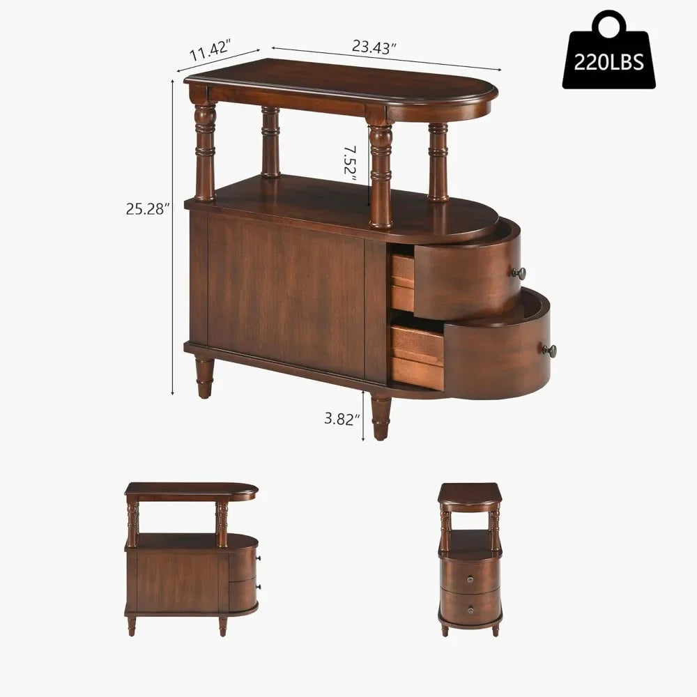 Set of 2 solid wood end table with drawers narrow sofa side slim chair storage shelf vintage