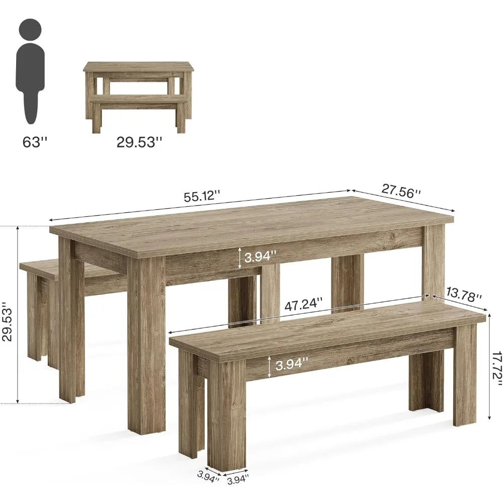 Rectangular 55.1-inch dining table set for 6 with 2 benches and 3 wooden pieces - united states / brown