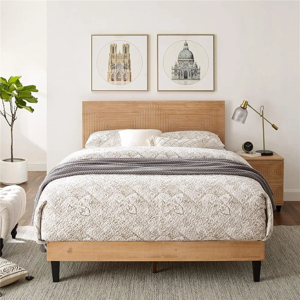 Solid wood king size bed frame with adjustable height headboard mid century modern style mattress foundation