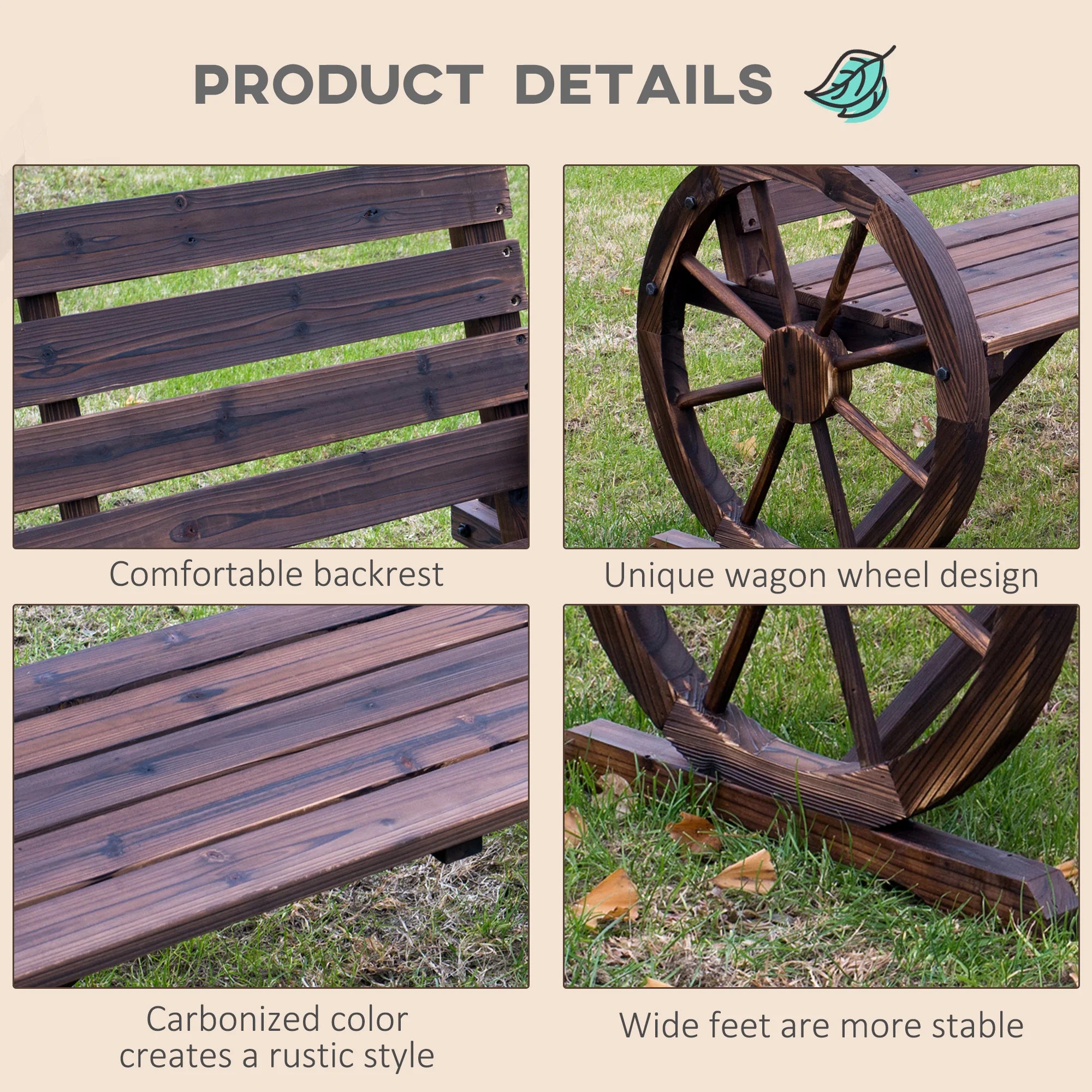 Wagon wheel bench wooden outdoor garden accent chair loveseat carbonized - united states - standard
