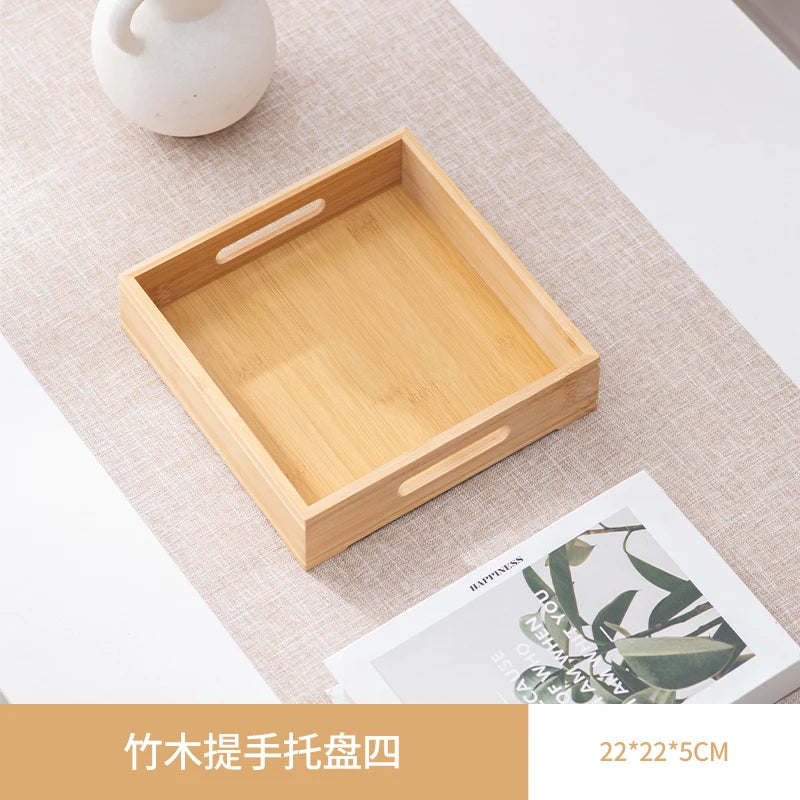 Large size rectangular bamboo wood tea tray display plate walnut color set cup storage handle home use japanese sle