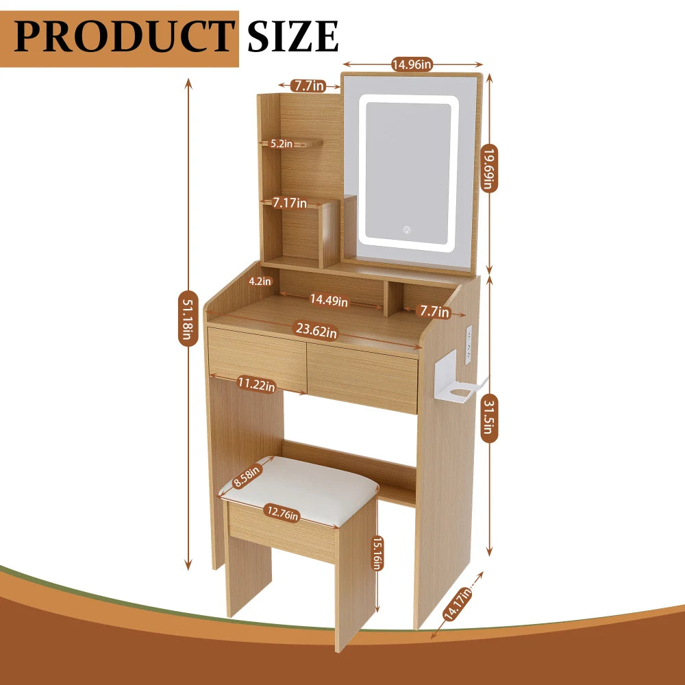 Vanity table with led-illuminated mirror power outlet hairdryer holder & stool compact dressing desk for small