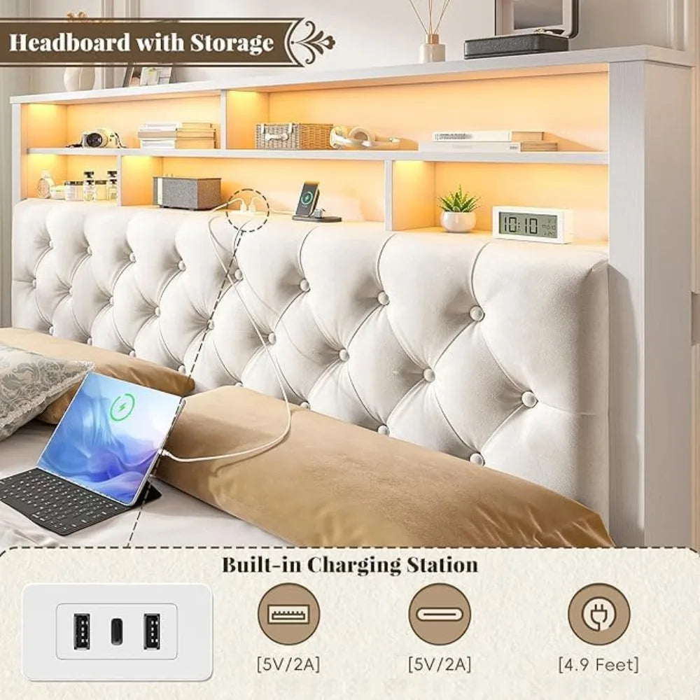 Enhomee queen bed frame with storage headboard & 4 drawers,wooden size charging station led lights uphols - united
