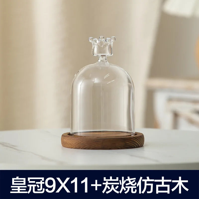 Aromatherapy candle holder ornaments dust-proof glass cover wooden base display box home decoration - crown 11cm