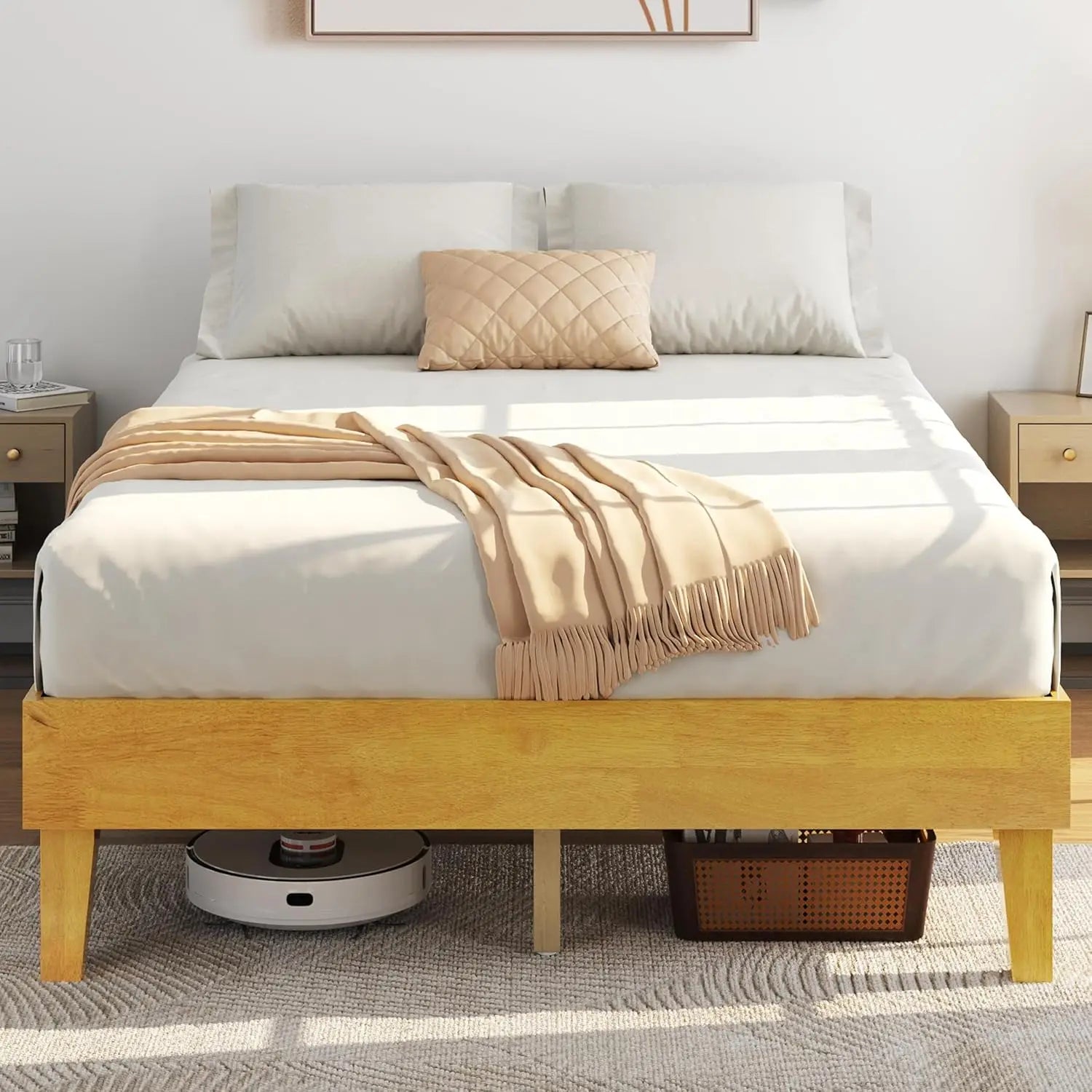 Bed frame natural solid wood platform with wooden slats support 12-inch underbed space for storage noise-free design