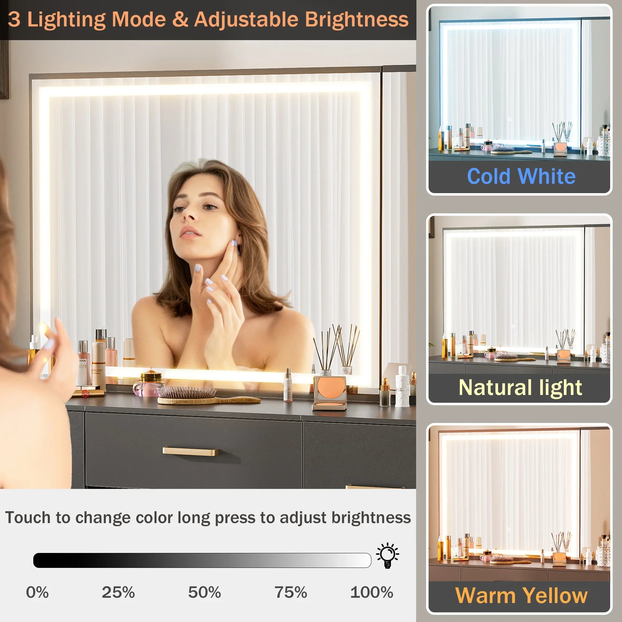 Wooden dressing table with stool/7 drawers/mirror/adjustable brightness suitable for makeup bedroom home room