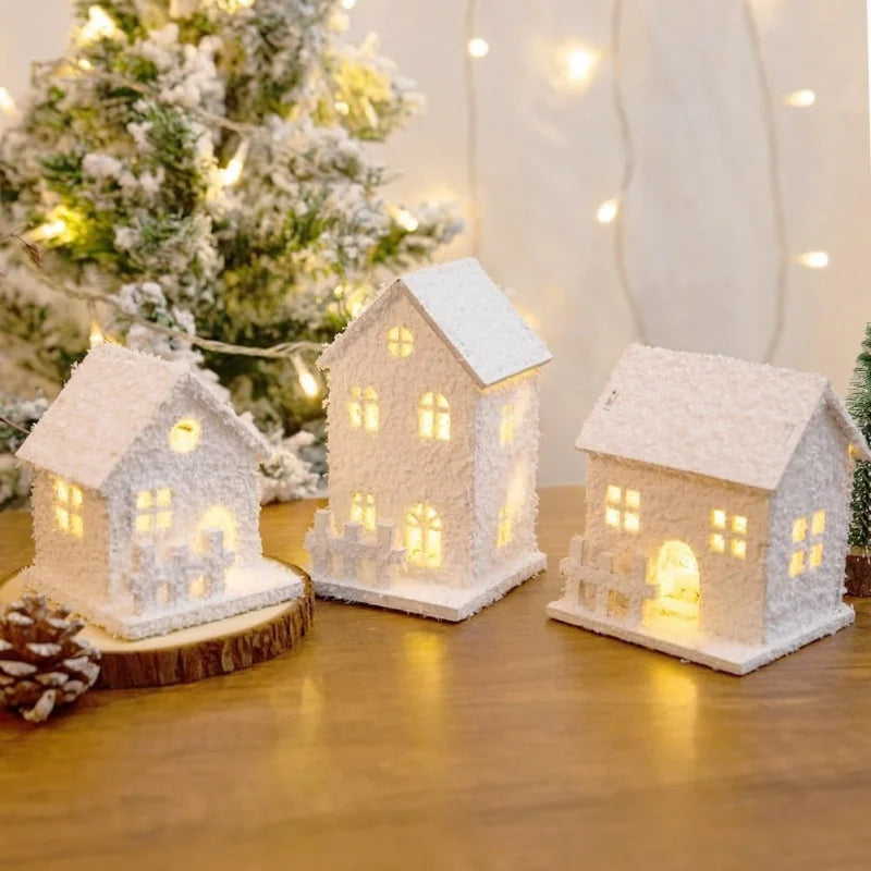 Led lighted christmas village houses xmas snow wooden winter building figurines holiday party decor - decorative