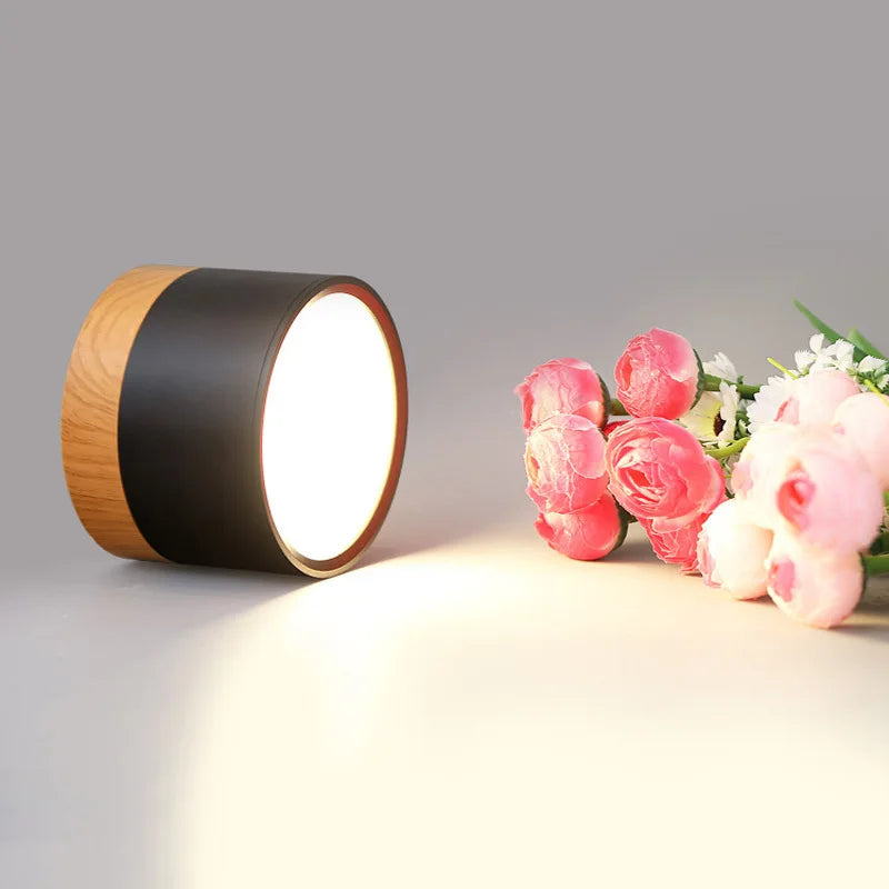 Modern led ceiling light wood spotlight 3-color dimmable mini round black lamp for living room corridor home decor 7w