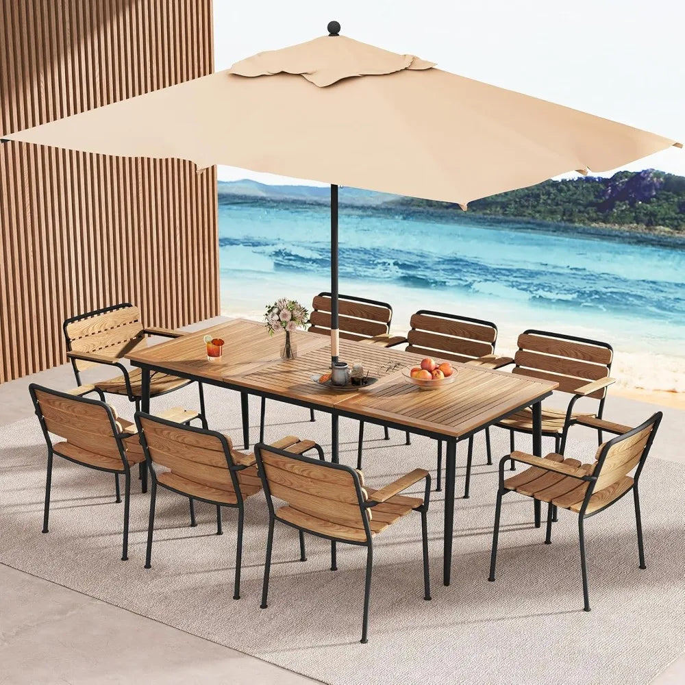Outdoor dining table for 8 79 inch acacia wood patio with 1.9” umbrella hole metal frame & anti slip foot pads indoor