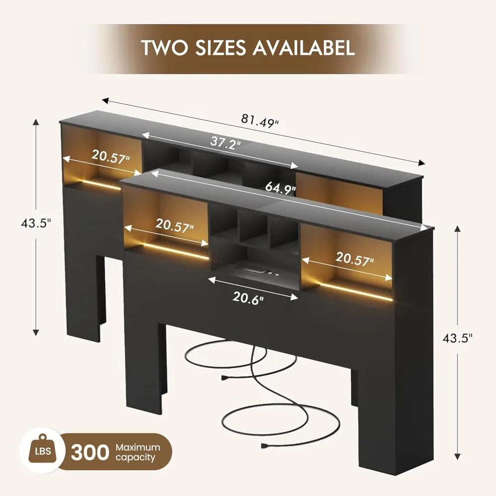 King size black storage headboard with usb ports and led lights for bedroom wood beds - united states