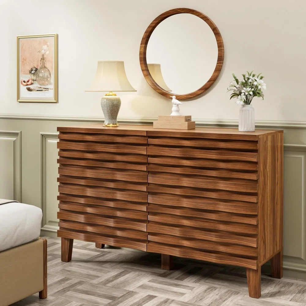 Solid wood face 6 drawer dresser,mid century modern dresser with chest,flutted chest of drawers moire patten