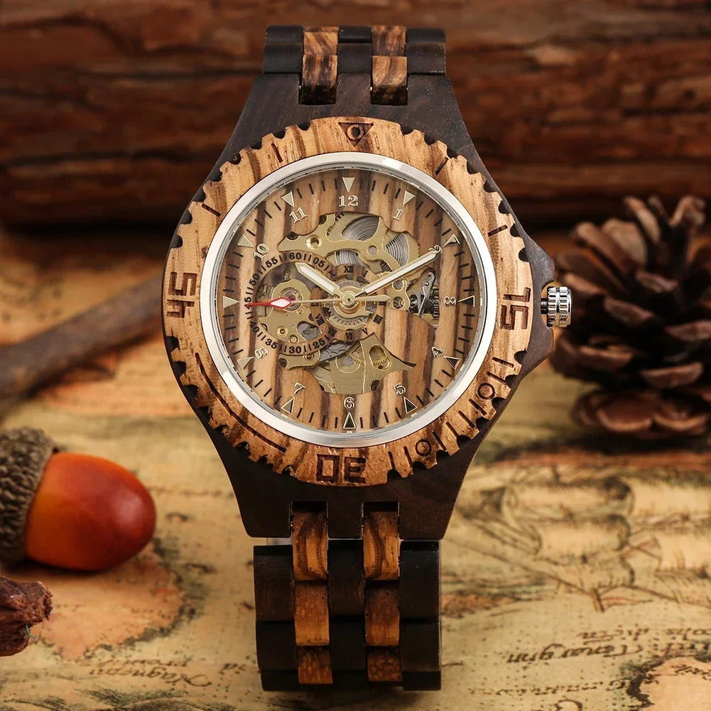 New full wooden automatic men watches gold analog arabic numerals display wood bracelet wristband self-winding male