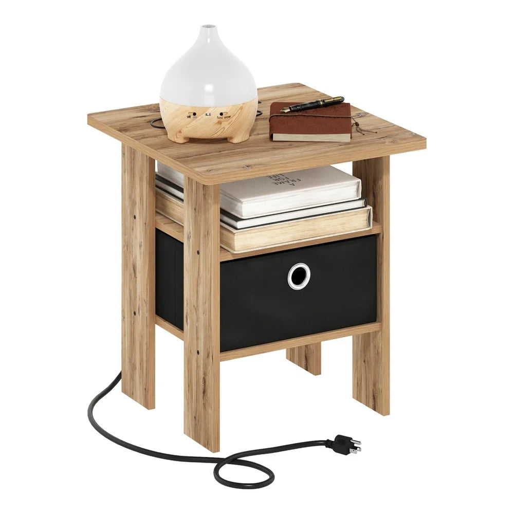 Usb type-c charging end table with storage basket nightstand living room bedroom modern design durable wood