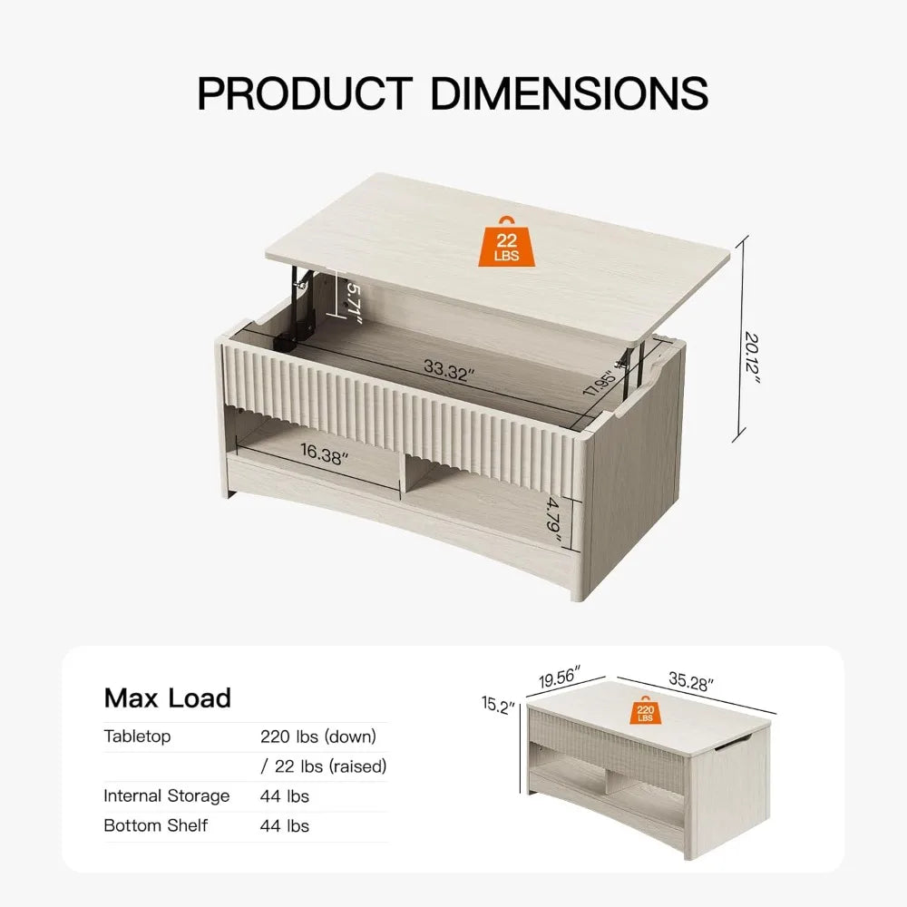 Amada coffee table fluted lift top 35.2’’ wood with storage shelf & hidden compartment modern rectangle center