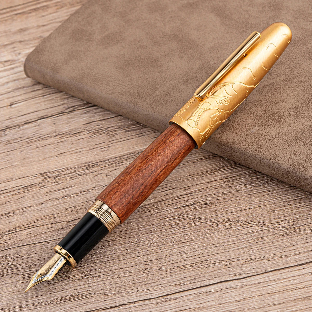 Jinhao wooden fountain pen ef/f/m nib 9056a bull embossed handmade metal writing office gift