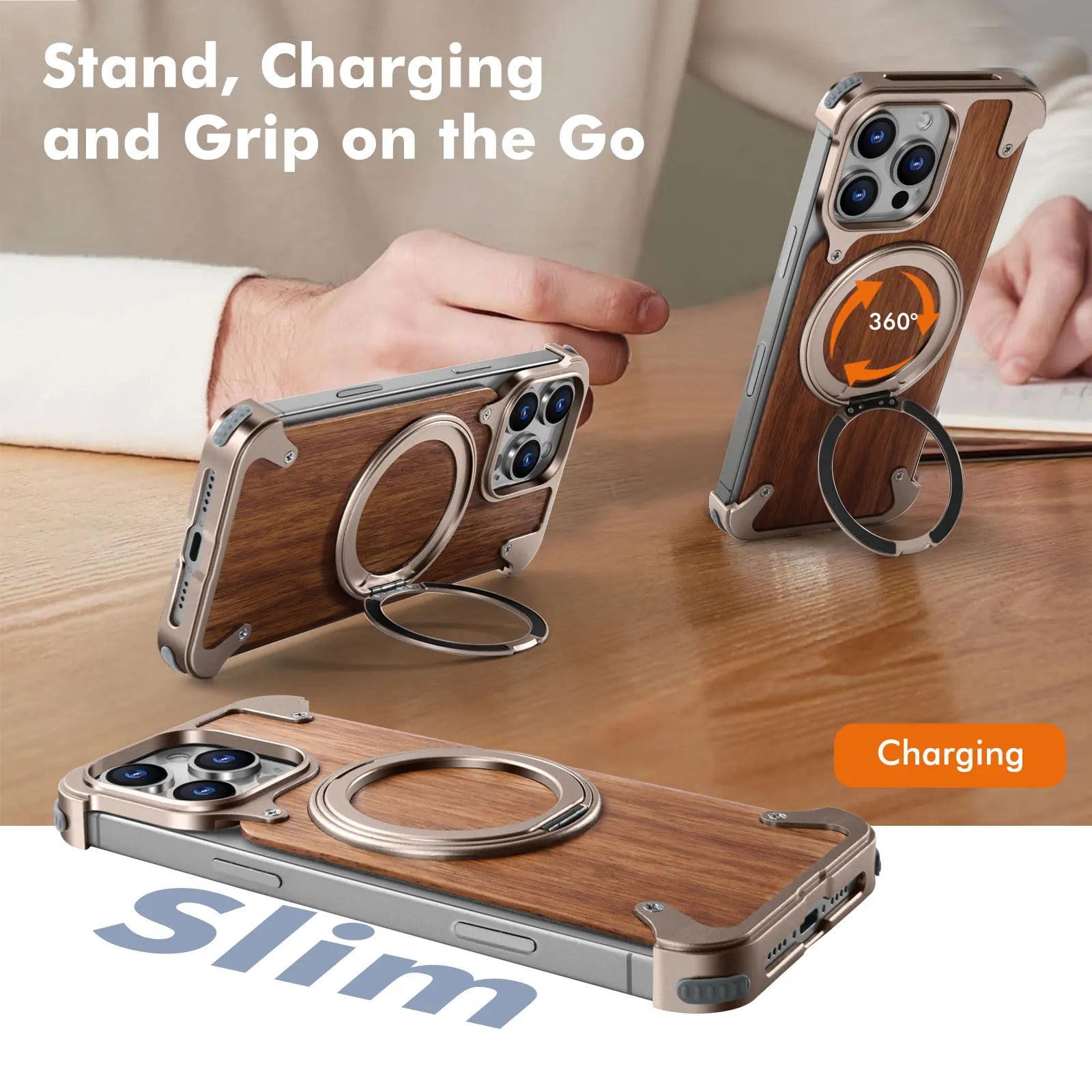 Eary solid wood phone case for iphone 17 16 15 14 pro max with magsafe 360 rotatable stand shockproof protective cover