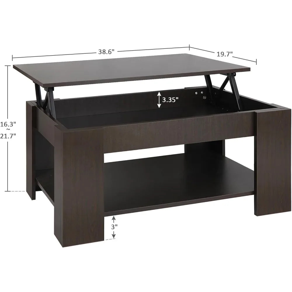 Modern lift top coffee table w/hidden compartment and storage shelves pop-up cocktail for living room reception
