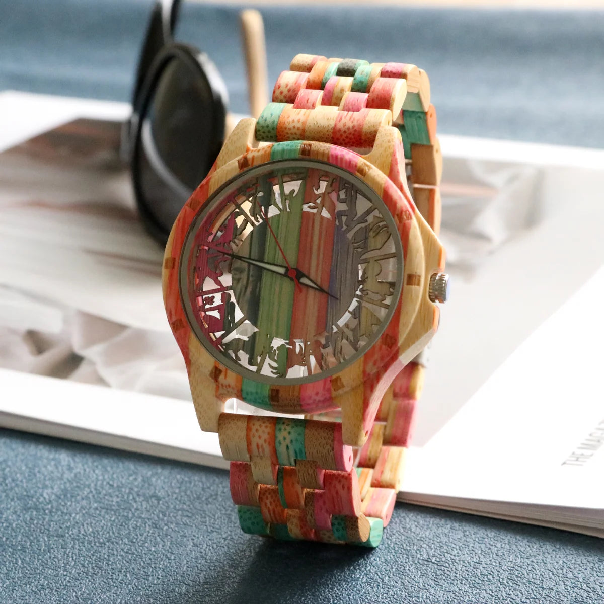 Colorful bamboo men’s watch,12 constellation scale hollow-out dial,fashion quartz wristwatch,men’s wooden watch,gift