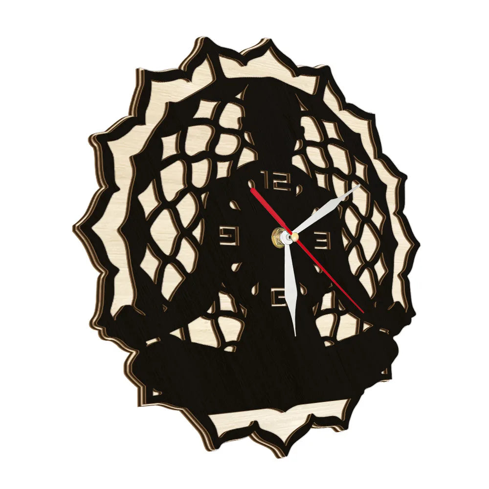 Yoga namaste laser cut wooden wall clock for studio mediation home decor sukhasana yogi artwork rustic natural wood