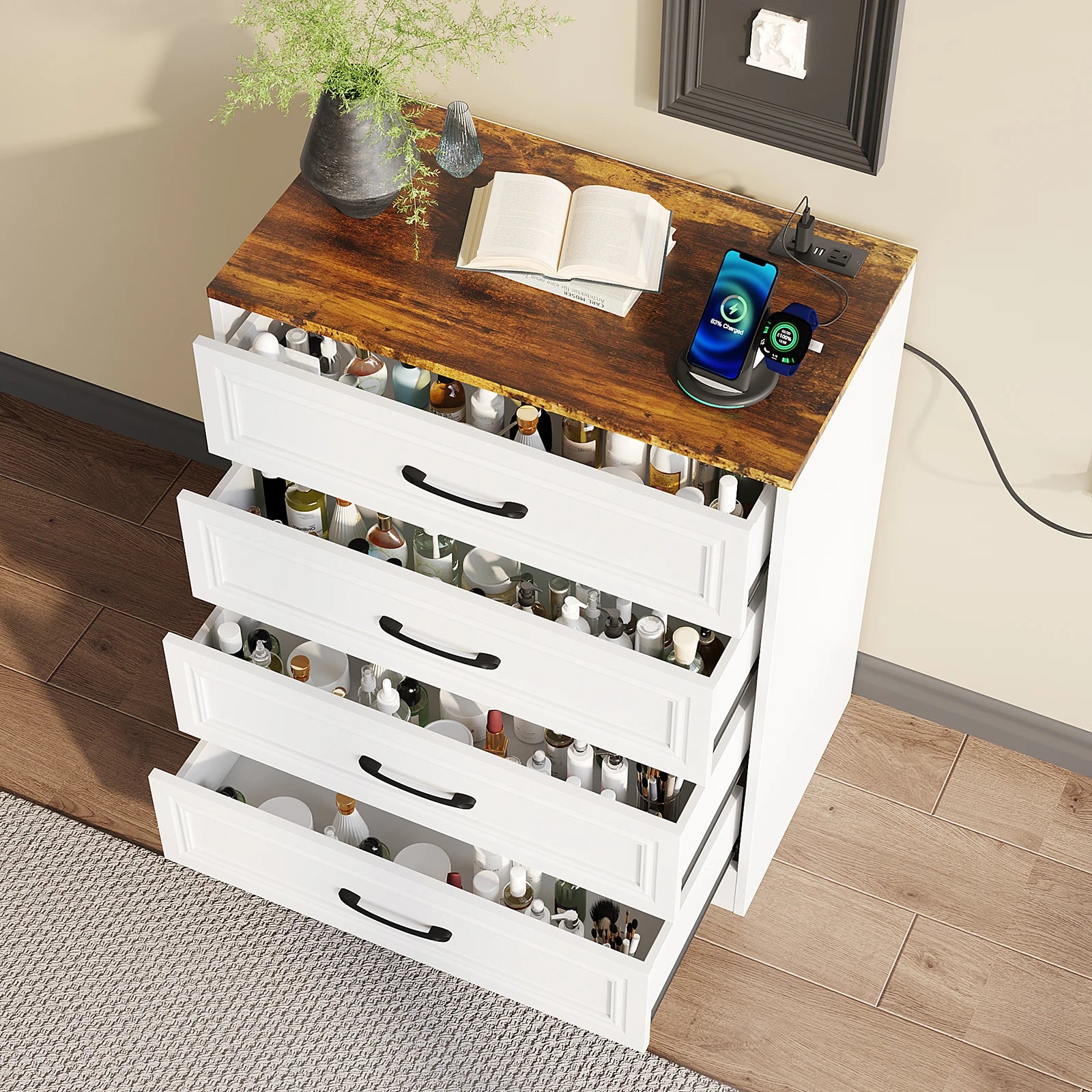 Vabches 4 drawer dresser for bedroom wood with power outlet&metal handles chest of drawers storage organizer hallway