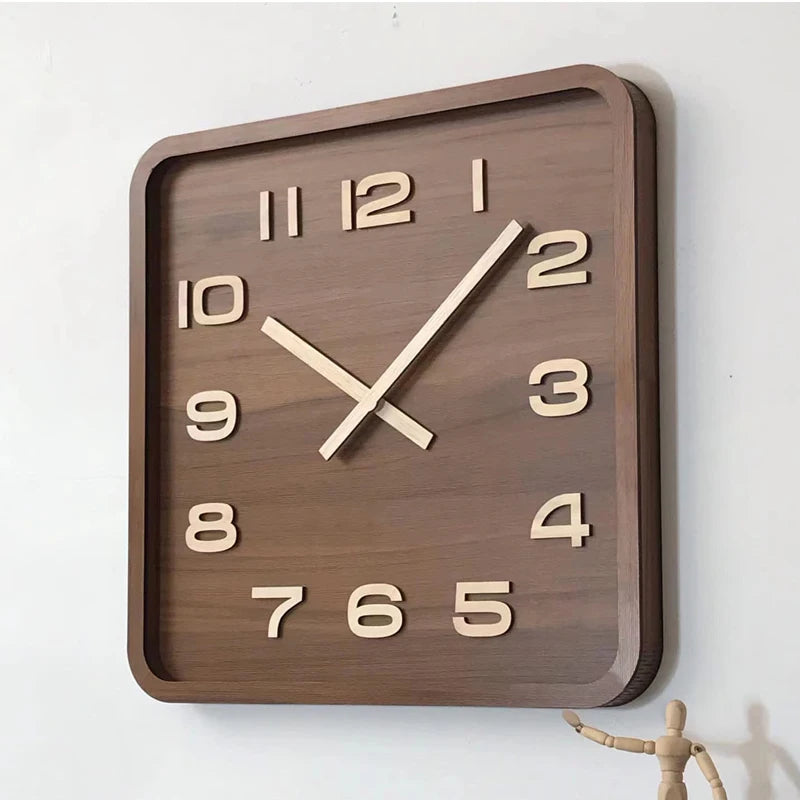 Solid wood square wall clock retro walnut silent chinese punch-free living room