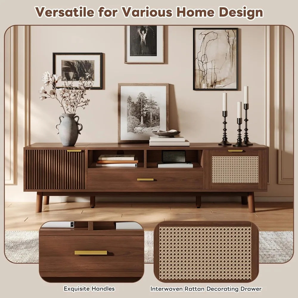 Mid century modern tv stand for tvs up to 75” boho entertainment center media console with 2 doors 1 drawer and open