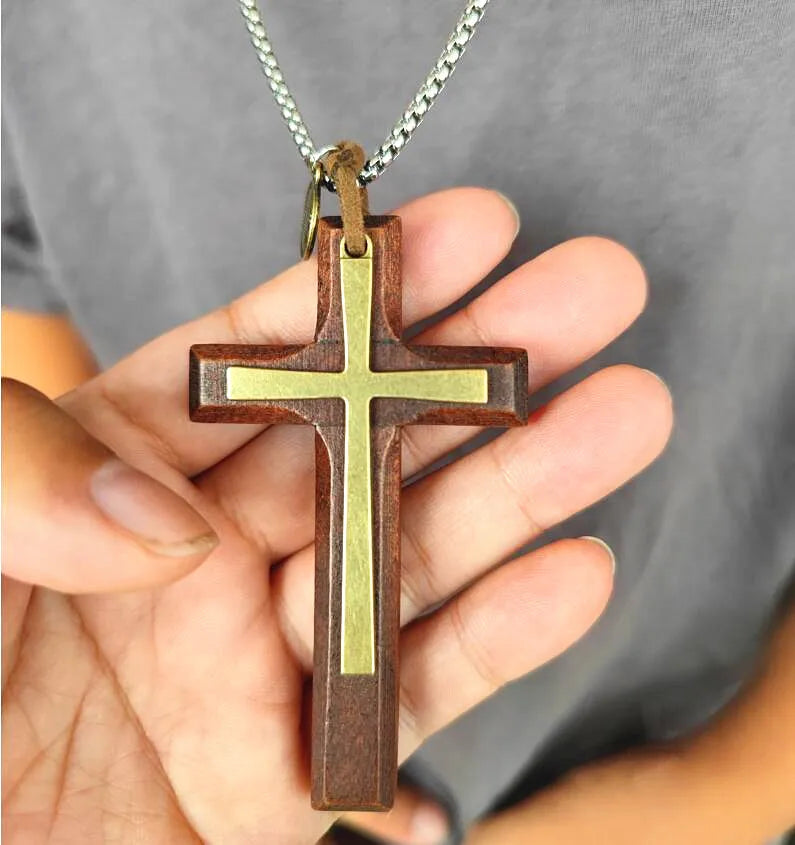 Retro artistic wooden cross nelace korean faion pendant long men’s sweater chain hanging decoration ex version