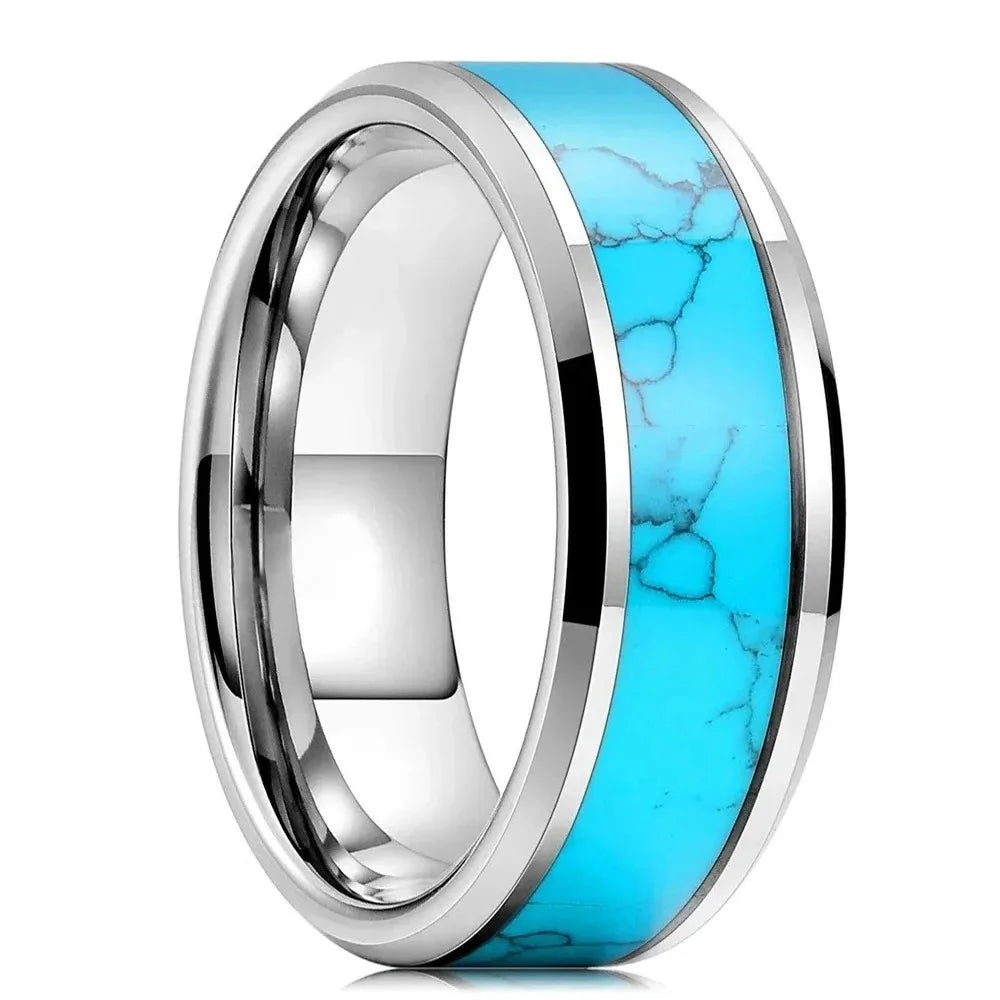 Fashion 8mm men stainless steel koa wood rings inlay blue turquoise stone for wedding engagement band jewelry gift