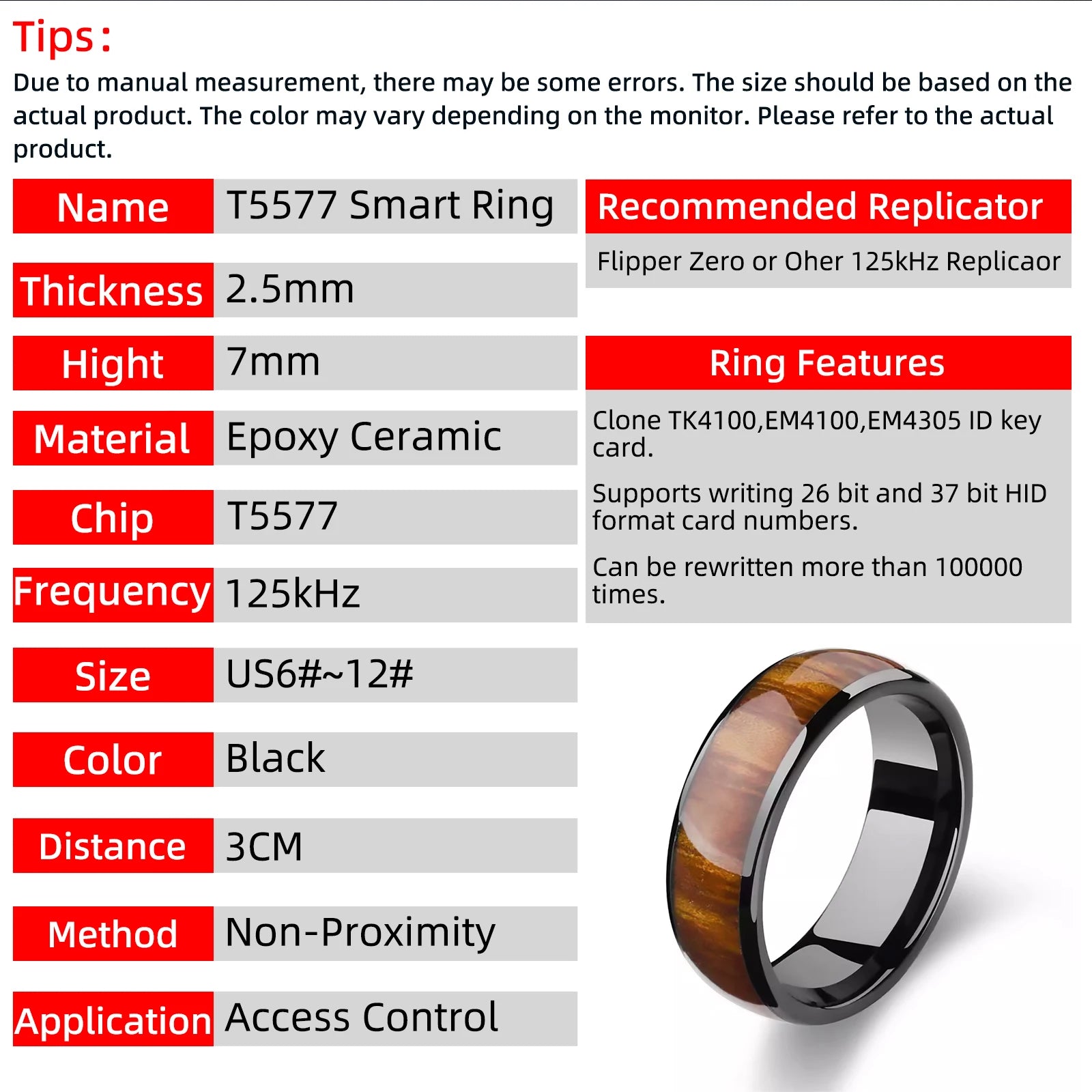 T5577 chip epoxy wood grain ceramic rewritable 125khz rfid smart finger ring for clone tk4100 or em4100 keycards