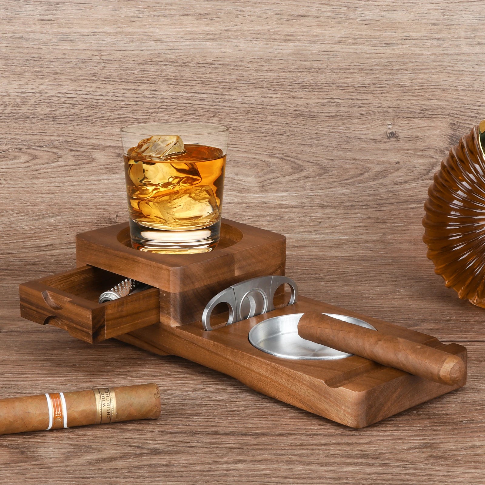 scotte-ashtray-coaster-whiskey-glass-tray-wooden-ash-tray-with-cigar-cutter-includes-drawer-and-cigar-slot