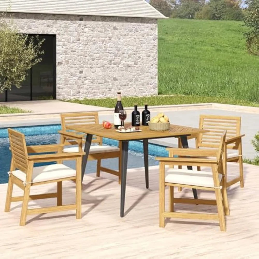 4-person outdoor dining table 42.5” acacia wood patio with 1.9” umbrella hole metal legs & adjustable foot pads