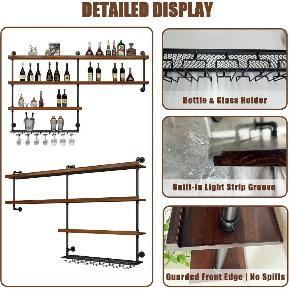 Solid wood wall mounted wine rack large with led light 4 tiers liquor bottles floating shelves glass holder in - united